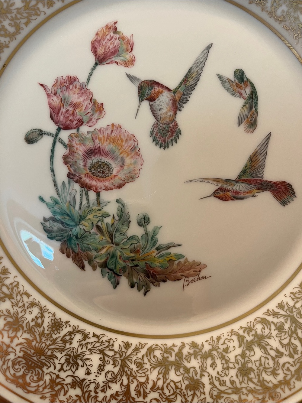 Lenox White and Gold Decorative Plate with Pink Floral Hummingbirds - Picture 2 of 9